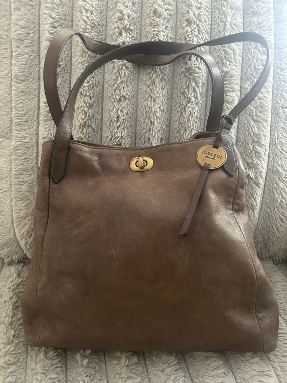 Margot New York Brown Leather Turn Lock Tote Shoulder Bag Vintage Patina